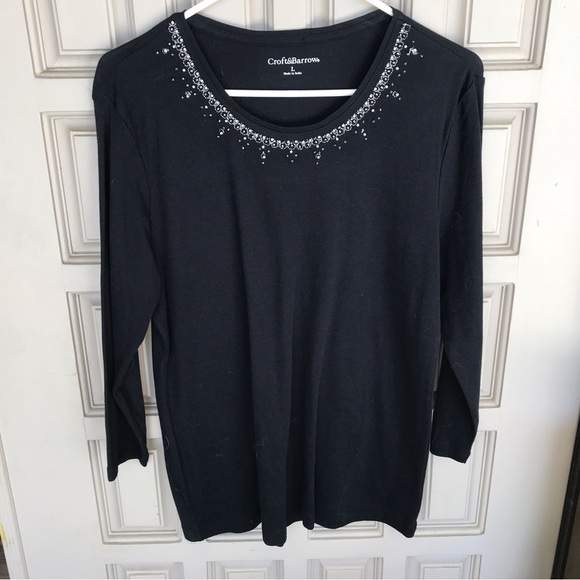 Croft & Barrow Tee Shirt Round Neck Blk SzL Beaded Neckline 3/4 Sleeves Nice - Picture 1 of 7
